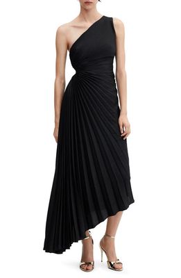 MANGO One-Shoulder Side Cutout Pleated Midi Dress in Black