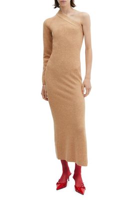 MANGO One Shoulder Single Long Sleeve Sweater Dress in Medium Brown