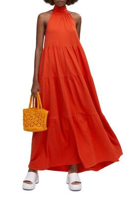 MANGO Open Back Halter Cotton Maxi Dress in Orange