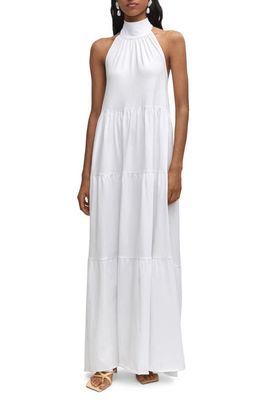 MANGO Open Back Halter Cotton Maxi Dress in White