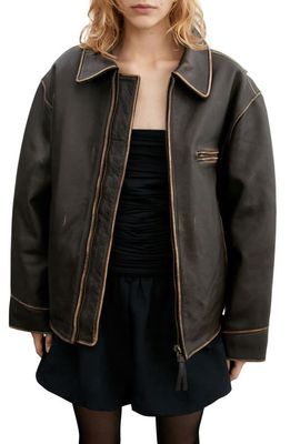 MANGO Oversize Distressed Leather Jacket in Brown