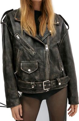 MANGO Oversize Leather Moto Jacket in Black