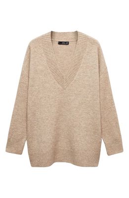 MANGO Oversize V-Neck Sweater in Light Beige/Pastel Grey