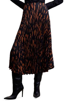 MANGO Pleated Abstract Print Satin Skirt in Brown