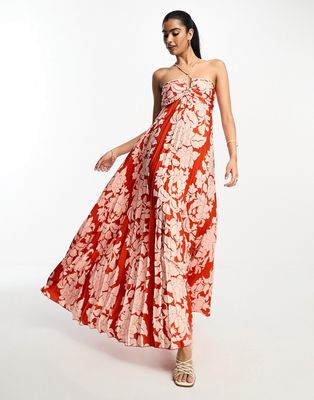 Mango premium occasion halterneck maxi dress in red floral print