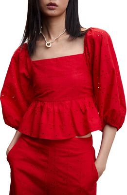 MANGO Puff Sleeve Cotton Eyelet Blouse in Red