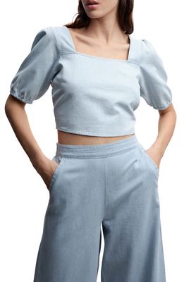 MANGO Puff Sleeve Tie Back Cropped Blouse in Light Blue