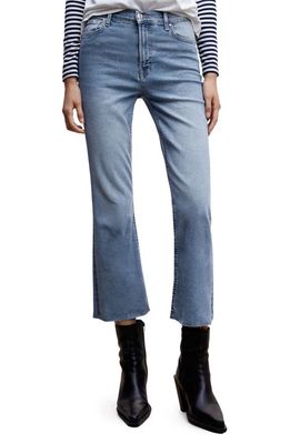 MANGO Raw Hem Crop Flare Jeans in Medium Blue