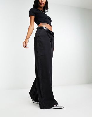 Mango relaxed wide leg tailored pants in black
