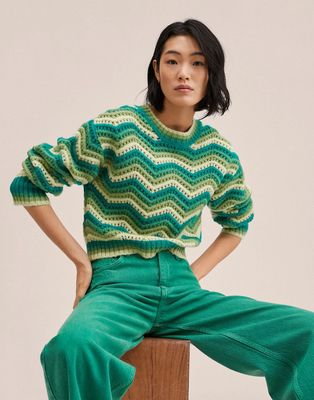 Mango retro knit crochet sweater in green