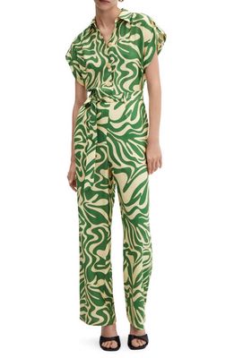 MANGO Retro Print Belted Jumpsuit in Green