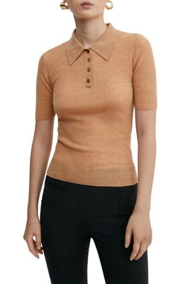 MANGO Rib Wool Polo Sweater in Medium Brown