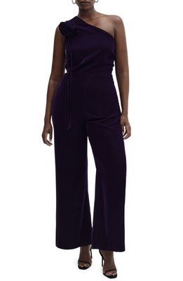 MANGO Rosette Cutout One-Shoulder Velvet Jumpsuit in Purple
