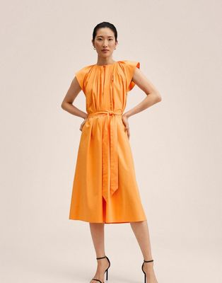 Mango ruched front tie waist detail midi dress in orange