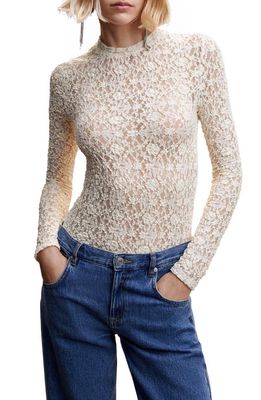 MANGO Semisheer Floral Lace Top in Off White