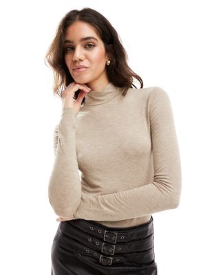 Mango soft touch high neck top in taupe-Brown