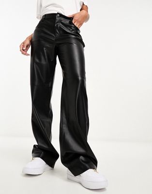 Mango straight leg faux leather pants in black