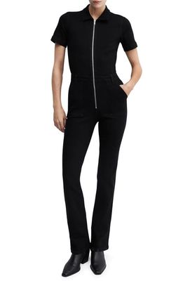 MANGO Straight Leg Zip-Up Denim Jumpsuit in Black Denim