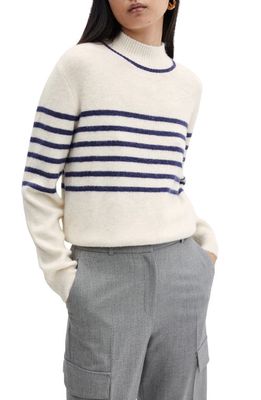 MANGO Stripe Fuzzy Mock Neck Sweater in Dark Navy