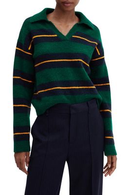 MANGO Stripe Johnny Collar Polo Sweater in Green