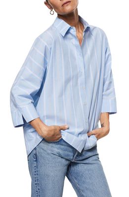 MANGO Stripe Oversize Cotton Button Up Shirt in Sky Blue