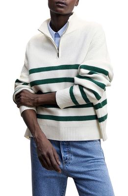MANGO Stripe Quarter Zip Pullover Sweater in Green
