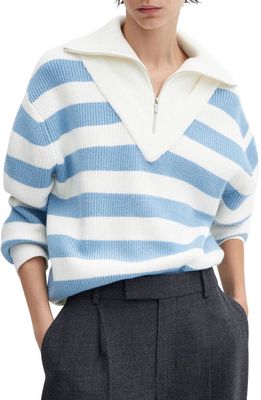 MANGO Stripe Rib Half Zip Sweater in Sky Blue