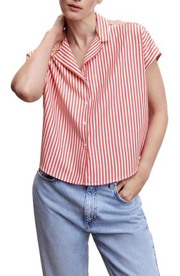 MANGO Stripe Short Sleeve Crop Camp Shirt in Red