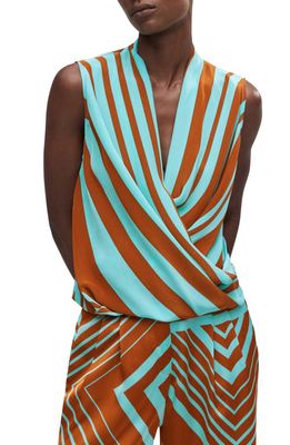 MANGO Stripe Sleeveless Faux Wrap Top in Turquoise