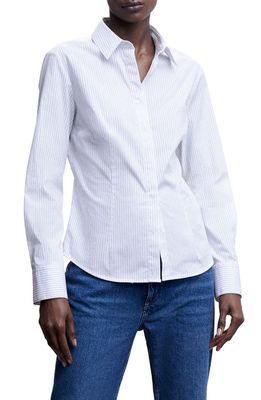 MANGO Stripe Stretch Cotton Long Sleeve Shirt in China Blue