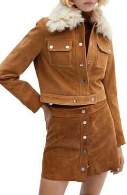 MANGO Suede Trucker Jacket with Removable Faux Fur Collar in Medium Brown
