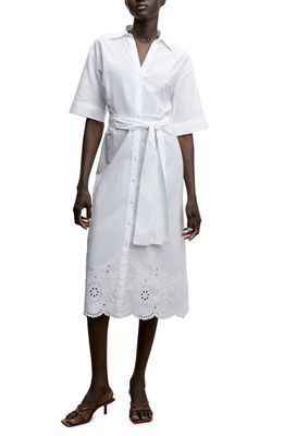 MANGO Swiss Embroidered Tie Waist Midi Dress in White