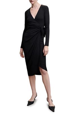 MANGO Textured Long Sleeve Wrap Dress in Black