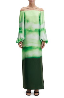 MANGO Tie Dye Off the Shoulder Long Sleeve Maxi Dress in Green