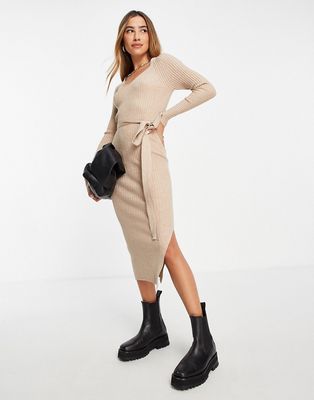 Mango v neck knitted midi dress with tie detail in camel-Neutral