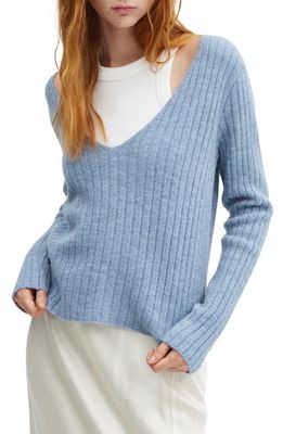 MANGO V-Neck Rib Sweater in Blue