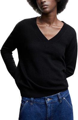 MANGO V-Neck Wool Sweater in Black