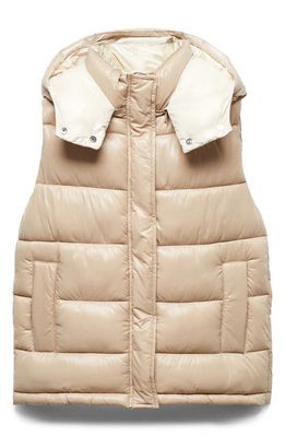 MANGO Water-Repellent Quilted Vest with Removable Hood in Beige