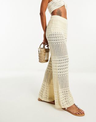 Mango wide leg crochet beach pants in light beige-Neutral
