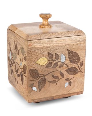 Mango Wood Laser Metal Inlay Leaf Small Canister
