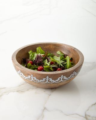 Mango Wood Wide Serving Bowl with Metal Inlay