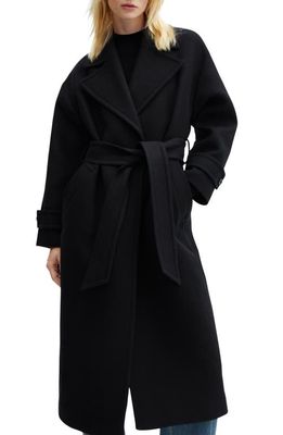 MANGO Wool Blend Garbardine Belted Coat in Black