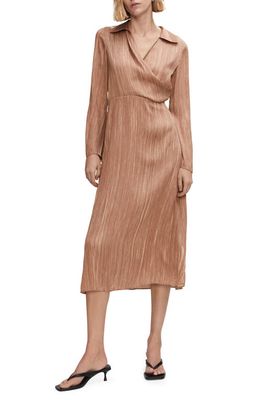 MANGO Wrap Front Long Sleeve Midi Dress in Brown