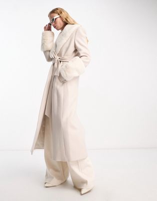 Mango x Camille longline faux fur collar and sleeve tie up coat in beige-Neutral