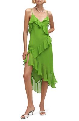 MANGO Zigzag Ruffle Asymmetric Midi Dress in Green