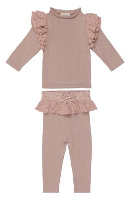 Manière Flecked Ruffle Long Sleeve Cotton Blend Top & Leggings Set in Pale Mauve