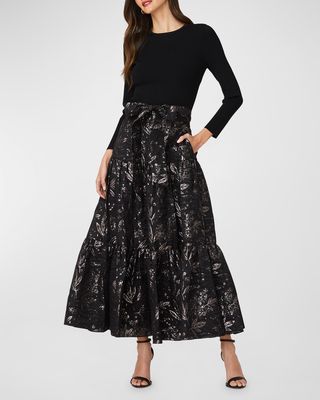 Mannor Tie-Waist Botanical Jacquard Combo Gown
