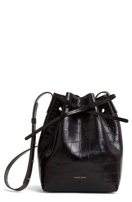 Mansur Gavriel Mini Croc Embossed Leather Bucket Bag in Chocolate