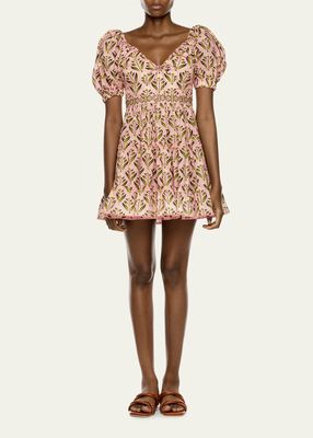 Manzanilla Puff-Sleeve Tiered Cotton Mini Dress