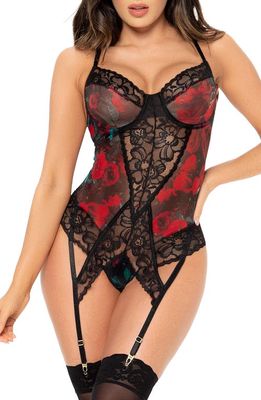 Mapale Floral & Lace Underwire Teddy with Garter Straps in Black Flower